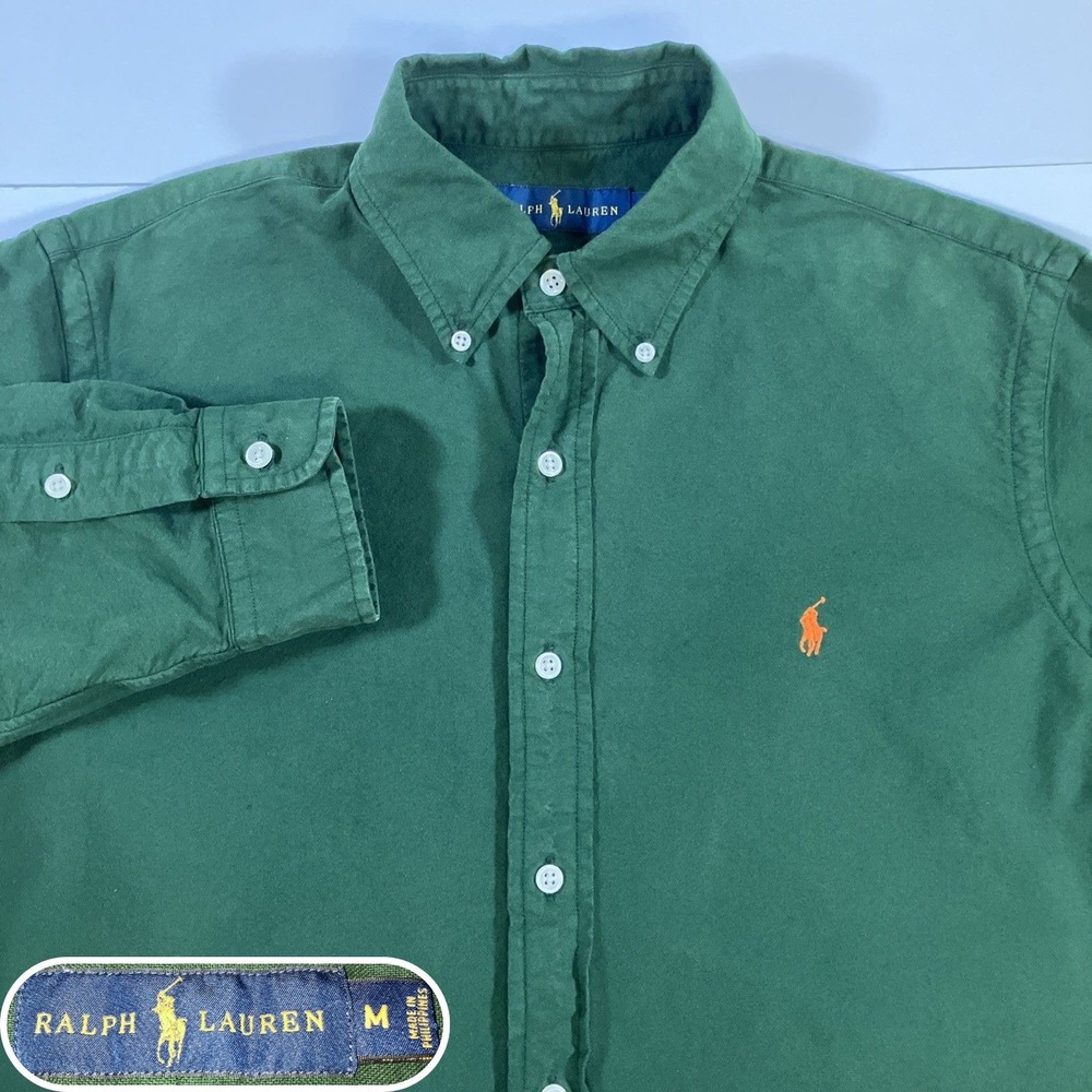 Polo Ralph Lauren Mens M Green Classic Fit Cotton Button Down Shirt **Flaws